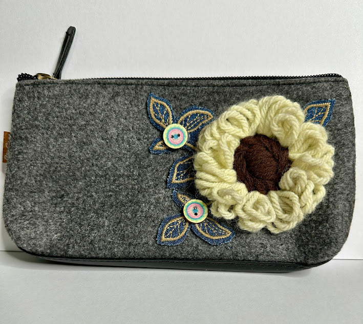 Floral Gray Pouch: No. 12--Cream Vintage Yarn Flower with Brown Center