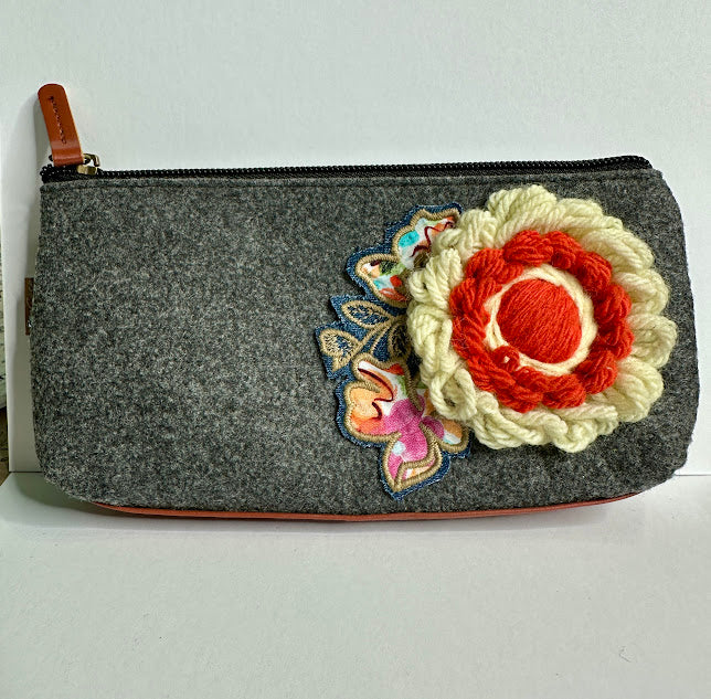 Floral Gray Pouch: No. 9--Cream Vintage Yarn Flower with Orange Center