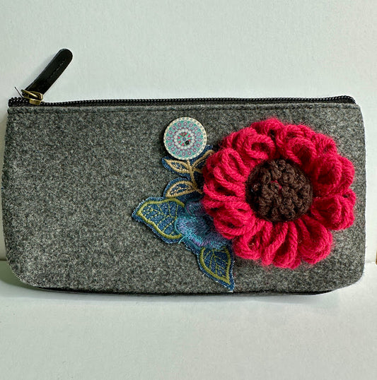 Floral Gray Pouch: No. 1--Red Vintage Yarn Flower with Brown Center
