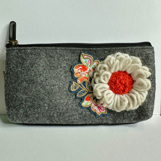 Floral Gray Pouch: No. 10--White Vintage Yarn Flower with Orange Center