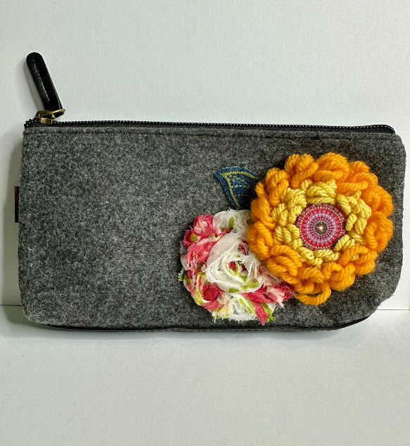 Floral Gray Pouch: No. 7--Honey Yellow Vintage Yarn Flower with Golden Yellow Center