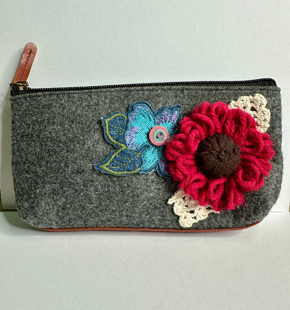 Floral Gray Pouch: No. 2--Red Vintage Yarn Flower with Brown Center