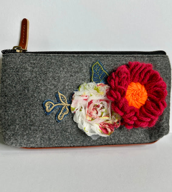 Floral Gray Pouch: No. 4--Red Vintage Yarn Flower with Orange Center