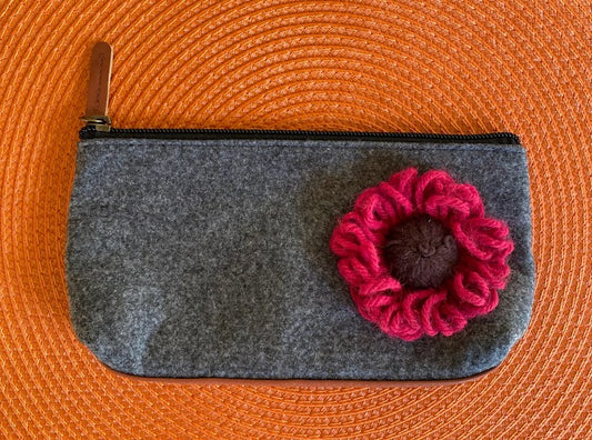 Floral Pouch: No. 2--Red Vintage Yarn Flower with Brown Center