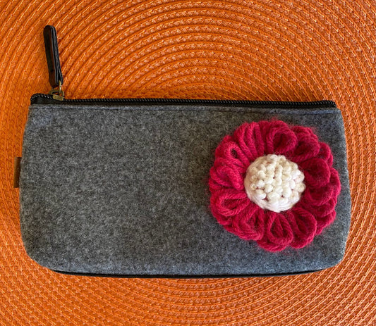 Floral Pouch: No. 3--Red Vintage Yarn Flower with White Center