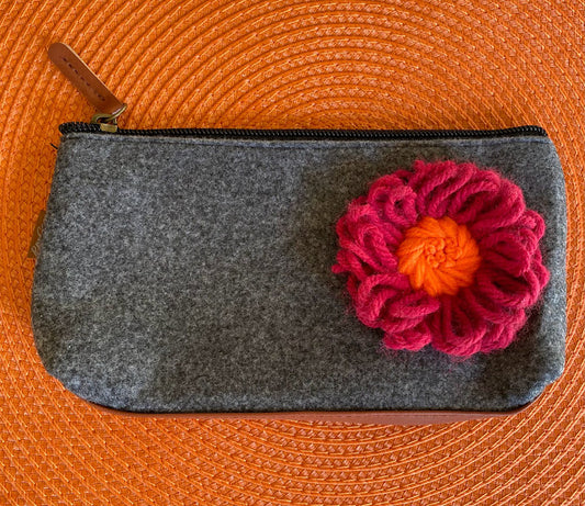 Floral Pouch: No. 4--Red Vintage Yarn Flower with Orange Center