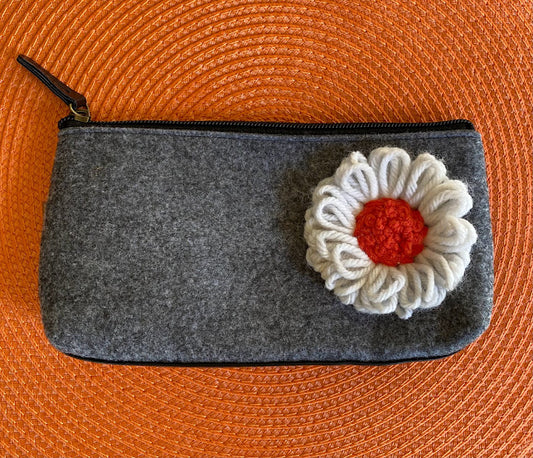 Floral Pouch: No. 10--White Vintage Yarn Flower with Orange Center