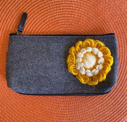 Floral Pouch: No. 6--Golden Yellow Vintage Yarn Flower with Cream Center